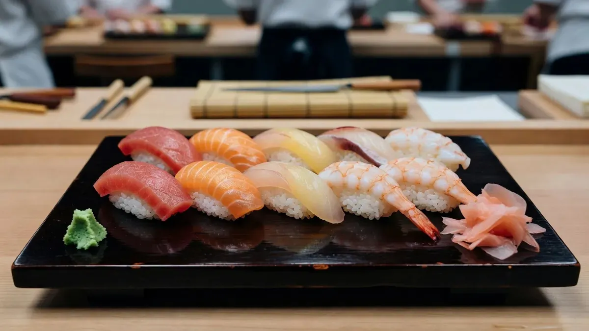 Freshly shaped nigiri sushi with tuna salmon and shrimp on a ceramic plate prepared at a sushi making class in Asakusa Tokyo