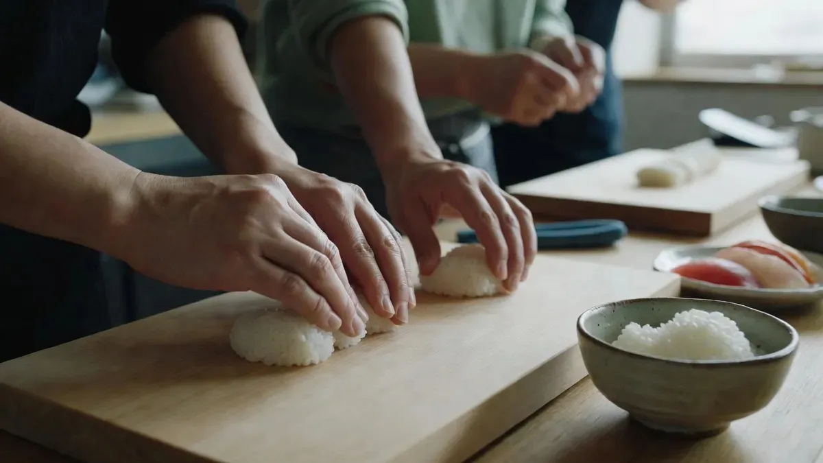 Hands shaping a nigiri sushi piece on a wooden board at a sushi making class in Tokyo Japan with fresh tuna and salmon
