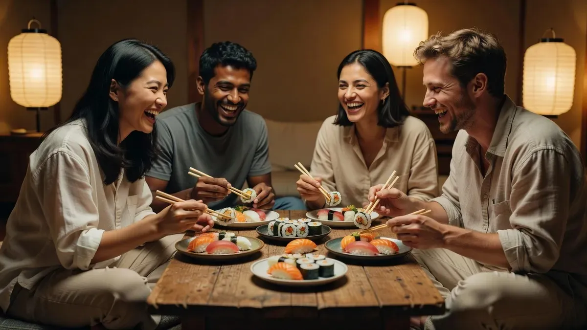 Group of smiling travelers eating handmade nigiri and maki rolls at the end of a sushi making class in Tokyo Japan