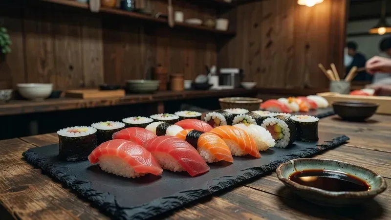 Two travelers making nigiri and maki rolls at a sushi making class in Asakusa Tokyo with an English-speaking instructor