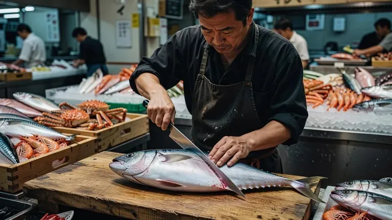 Travelers watching a live fish-cutting demonstration at a Tsukiji Market sushi making class in Tokyo with a professional sushi master