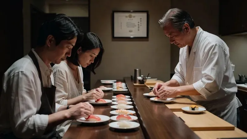 Small private group shaping nigiri sushi at an intimate counter with a master chef at a private sushi making class in Ginza Tokyo