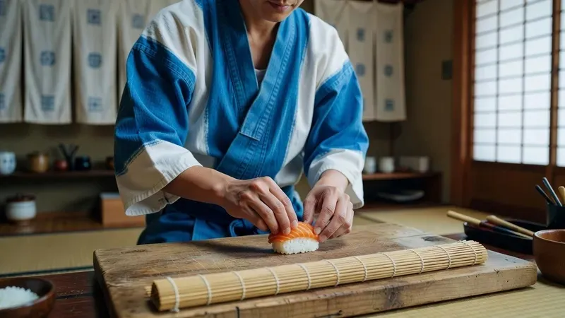Participant wearing a traditional happi coat shaping nigiri sushi with fresh tuna at a sushi making class near Tokyo Tower in Tokyo Japan