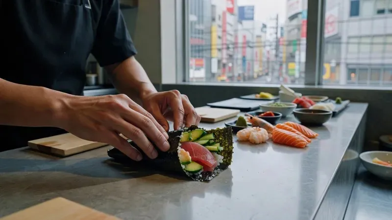 Couple rolling hand-rolled temaki sushi cones with fresh tuna and salmon at a sushi making class near Shibuya Scramble Crossing in Tokyo